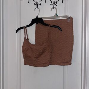 Brown Textured Crop Top and Skirt Set